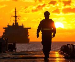 Sailor walks toward sunset on deck near large ship while wearing safety gear photo