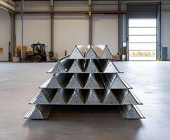Stacked triangular steel beams organized in a spacious industrial warehouse setting photo
