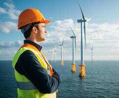 Young engineer overseeing offshore wind farm operations in clear skies and calm waters near coast photo