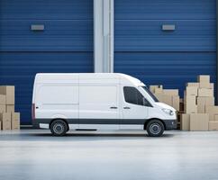 Delivery van parked in a warehouse surrounded by stacked cardboard boxes during daytime hours photo