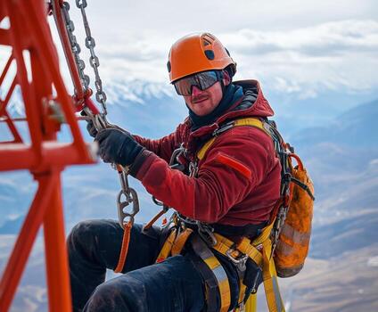 trepador realiza mantenimiento trabajo en un imponente estructura en contra un maravilloso montaña fondo durante un claro día foto