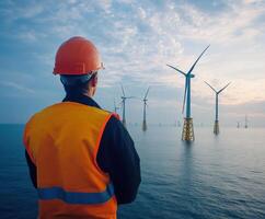 Worker observes offshore wind farm during sunset with wind turbines in the background and calm waters reflecting the sky photo