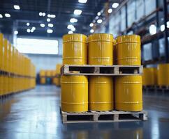 Yellow barrels stacked on wooden pallets in a bright warehouse with industrial shelving photo