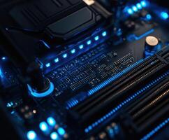 Electronic circuit board illuminated by blue lights, showcasing intricate details and modern technology photo
