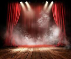 Stage setup with red curtains and dramatic lighting creating a captivating atmosphere for a performance photo
