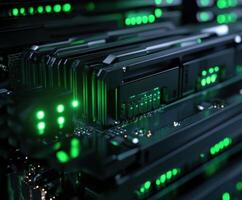 Advanced server hardware illuminated by green lights in a modern data center showcasing cutting-edge technology and connectivity photo