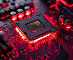 Close-up view of a glowing microprocessor circuit board with intricate details in a dark setting photo