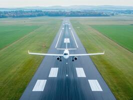 Airplane prepares to land on a clear runway in a scenic location during the early hours of the day photo