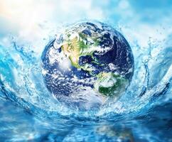 Water splashes around a vibrant Earth floating in blue space depicting climate change and environmental issues photo