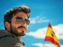 hombre vistiendo Gafas de sol poses con confianza cerca un Español bandera en un soleado día en un al aire libre ajuste foto