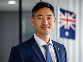 Professional man in suit smiling confidently in office setting with Australian flag in background photo