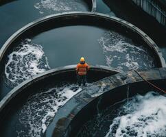 Worker monitors water treatment processes at a facility with circular tanks and flowing water in the background photo