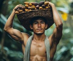 Strong young man carries a basket of cacao in a lush tropical environment under natural light photo