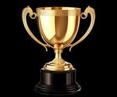 Golden trophy on a black pedestal shines brightly in a spotlight photo