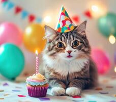 Cute cat celebrating with a cupcake and festive decorations at a birthday party photo