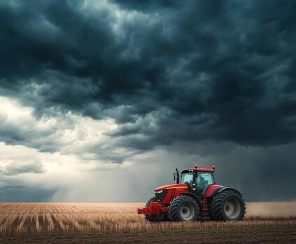 Farm tractor in a field under dark storm clouds preparing for the impending rain photo