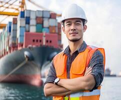 Maritime worker stands confidently at shipping port with cargo ship loaded with containers in the background photo