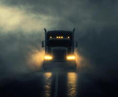 Truck navigating through thick fog on a dark road at night with glowing headlights and ominous atmosphere photo