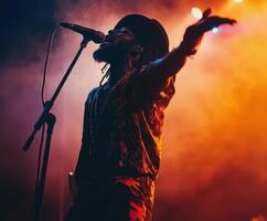 Energetic live performance by a musician on stage with vibrant lighting in an indoor venue photo
