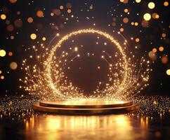 Glistening golden stage with sparkling lights creating a magical atmosphere for a celebration event photo