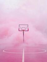 Pink basketball court enveloped in colorful fog creates a surreal atmosphere for play and creativity photo