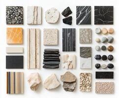Collection of various stone and tile samples showcasing diverse textures and colors for design inspiration photo