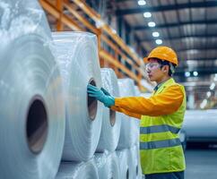 Worker inspects large rolls of plastic material in a manufacturing facility photo
