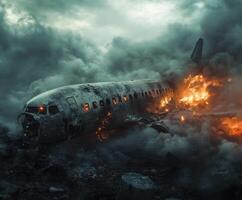 Crashed airplane in a smoky environment with flames visible in a post-apocalyptic setting photo