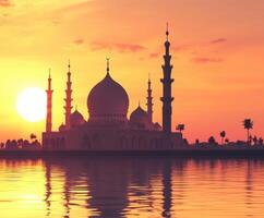 Sunset reflection over a grand mosque silhouette by the water photo