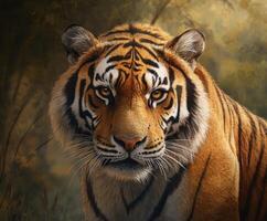 Majestic tiger stares intensely while blending into a lush forest setting during the golden hour of sunset photo