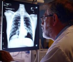 Radiologist analyzing patient chest X-ray in a medical setting during evening hours photo