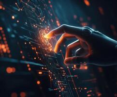 Futuristic hand interacting with glowing digital interface in a high-tech environment during a creative session photo