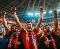 Fans celebrate victory at a soccer match in a lively stadium atmosphere during a thrilling sports event photo