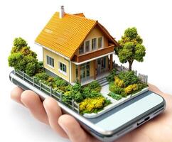 Hand holds smartphone displaying miniature house with garden and trees in vibrant colors photo