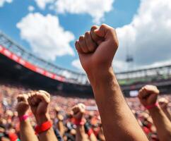 Fans celebrating in a stadium with raised fists during a lively sports event on a sunny day photo