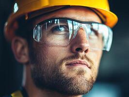 Construction worker in safety gear focused on task at a building site during the day photo