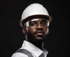 Construction worker wearing safety gear poses confidently in a studio setting with dramatic lighting photo