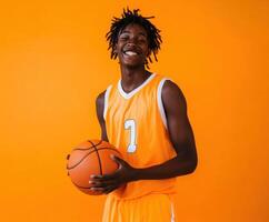 Young athlete smiles while holding a basketball in a bright orange jersey against a vivid orange backdrop photo