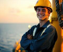 Young worker smiles confidently on a maritime vessel during sunset while enjoying the ocean breeze photo