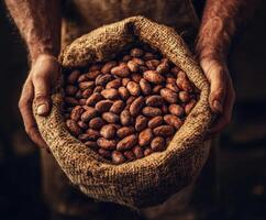 Hands hold a burlap sack filled with harvested cocoa beans ready for processing in a rustic setting photo
