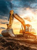 Excavator working on construction site during sunset with dramatic sky photo