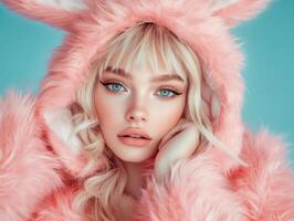 Model in pink fluffy bunny costume with striking blue eyes posing against a blue background photo