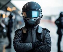 Racing driver in protective gear at a motorsport event prepares for competition in a dynamic environment photo