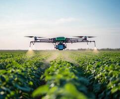 Drone technology enhances crop management on sunny day in expansive agricultural field photo