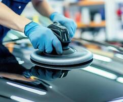 Car detailing process with a professional using a polishing machine in a workshop photo