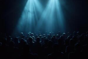 Crowd enjoying a concert with bright stage lights illuminating the atmosphere photo