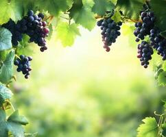 Cluster of ripe grapes hanging from vines in a lush vineyard during daytime photo