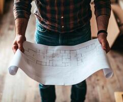 Person holding architectural plans in a cozy workspace during daylight hours while planning a construction project photo