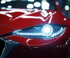 Close-up view of a sleek red sports car with illuminated headlights showcasing modern design features photo