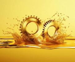 Golden gears splashing in liquid create a vibrant and dynamic visual impact during an abstract art display photo